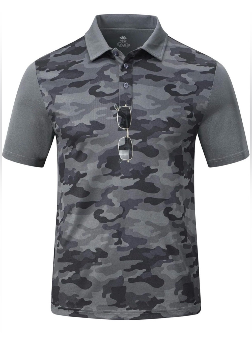 MoFiz Men’s S Gray Camo Vents Short Sleeve Collared Quarter Button-Up Polo Shirt